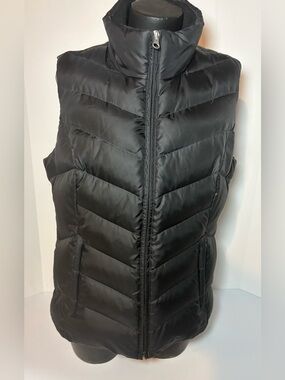 Eddie Bauer EB550 Down Vest M Black Chevron Quilted Fleece Collar Puffer